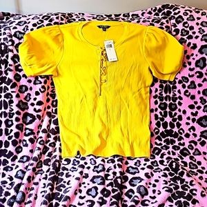 NWT Lauren Ralph Lauren women's waffle knit puff sleeve cotton top (lemon) size